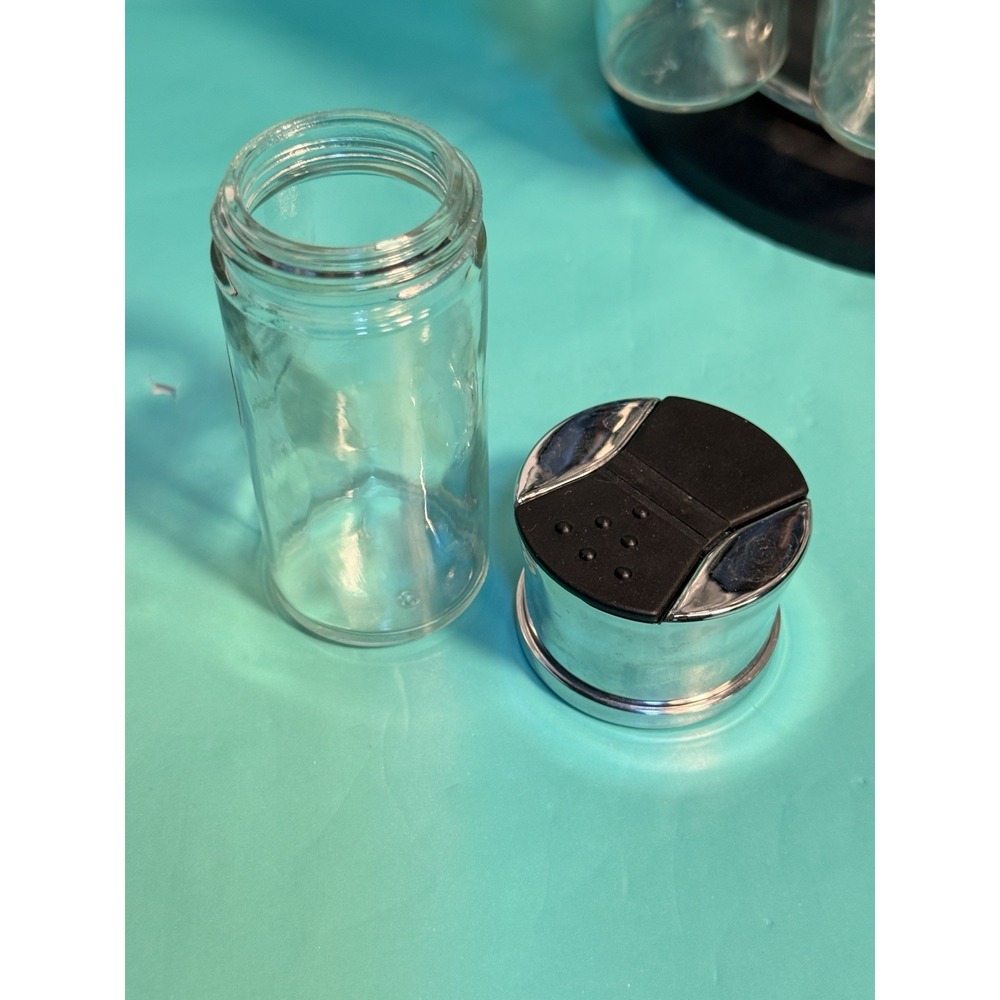20 Jar Revolving Spice Rack Set Silver Black Glass Carousel Organizer with Lids - Picture 5 of 14